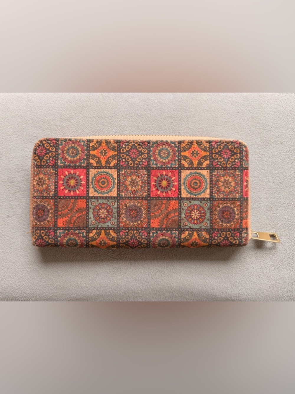 Portuguese Cork Zip-Around Wallet in Multicolor Tiles. - Picture 2 of 4